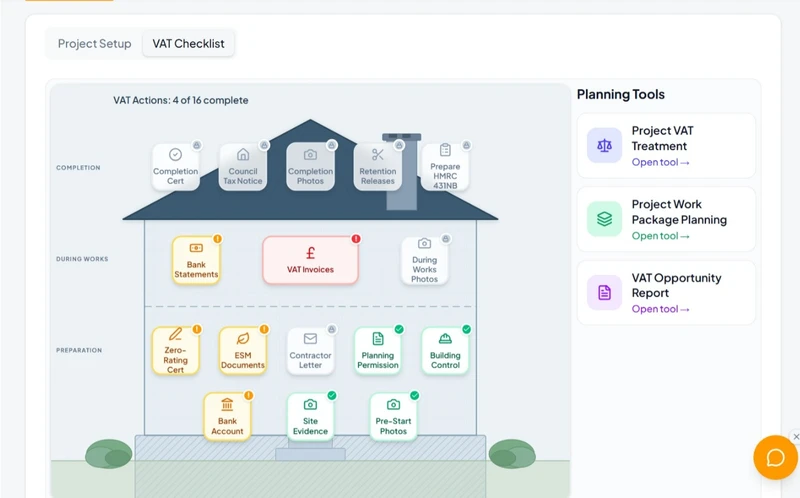 VAT Actions checklist showing project documents, VAT checks and preparation task statuses.