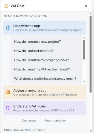 VAT Chat menu with app-help questions and options for project advice and understanding VAT rules.
